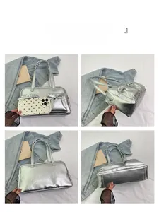 Detailed four-angle view of a silver tote bag with bow accent and size reference