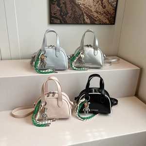 Retro mini square handbags in blue, silver, pink, and black with cute bear charms