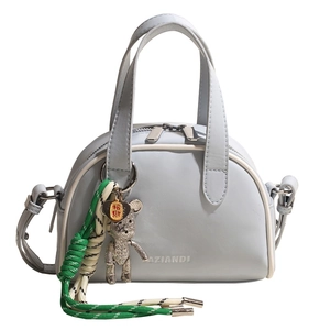 Retro light blue-grey crossbody handbag with cute rhinestone bear charm and metal logo