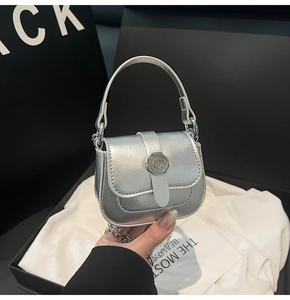 Detail of silver metallic mini bag with C-buckle inside a premium black gift box