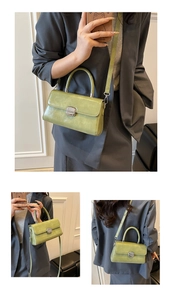 Détail du sac en cuir brillant vert avocat avec fermoir métallique argenté et poignée haute