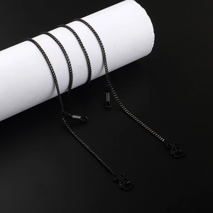 Sleek black metal eyewear chain featuring a cute rabbit charm on a white pedestal