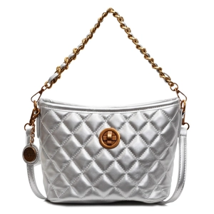 Elegant silver quilted crossbody bag with golden chain strap and metallic diamond pattern