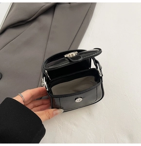 Detail of mini square crossbody bag showing metal buckle and inner fabric lining