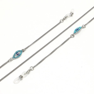 Silver stainless steel eyeglass chain featuring turquoise evil eye charms and silicone loops