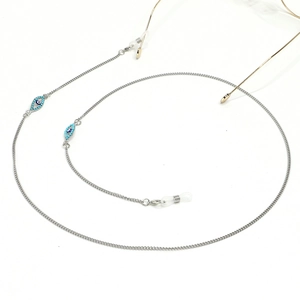 Silver stainless steel eyeglass chain with evil eye charms and silicone loops