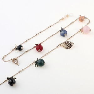 Golden multifunctional eyewear chain and sweater necklace with colorful beads and leaf charms