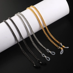 Three-color metallic curb chain eyewear straps in gold, silver, and gunmetal finishes