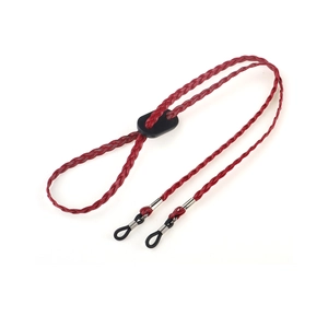 Red braided eyewear strap with adjustable black slider and secure rubber connectors