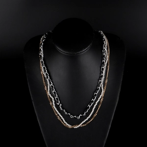 Three-layer multi-strand eyewear chain with gold silver links and faux pearls