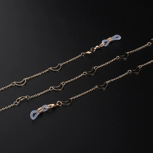 Minimalist gold moon eyeglass chain with handmade copper crescent pendants and silicone loops