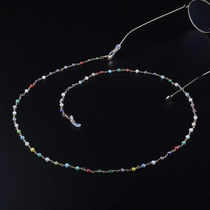Colorful crystal beaded eyewear chain with gold links and non-slip silicone connectors