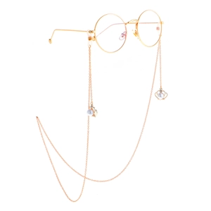 Chaîne de lunettes dorée élégante avec pendentifs perles couronne et monture ronde rétro