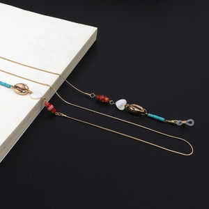 Bohemian gold snake chain eyewear lanyard with shell charms and colorful turquoise beads
