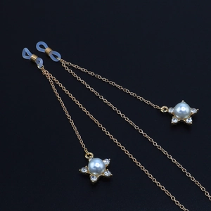 Golden anti-slip eyewear chain with star shaped pearl pendants and sparkling rhinestones