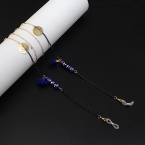 Chaîne de lunettes perles fleurs en verre coloré avec maillons dorés et breloques bleues