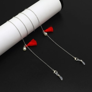 Chaîne De Lunettes Cordon En Métal Avec Glands Rouges Et Imitations Künstliche Perles Blanches Cordon Anti-Glisse Pour Femmes Mode