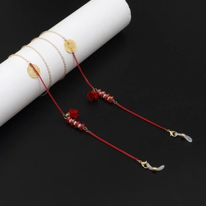 Chaîne à lunettes fleurie et colorée avec cordon rouge et breloques dorées