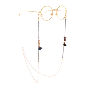 Chaîne à lunettes papillon colorée avec monture dorée et petits glands noirs