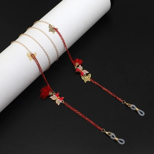 Chaîne à lunettes faite main avec fleurs rouges et breloques papillons dorés