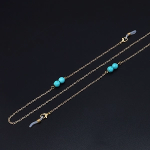 Gold eyeglasses chain with turquoise beads and non-slip silicone loops for women