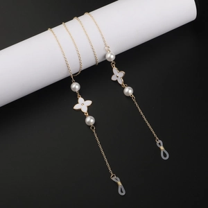 Glasses Chain Strap Copper Metal White Enamel Flower Faux Artificial Pearls Anti Slip Adjustable Holder For Eyewear Sunglasses