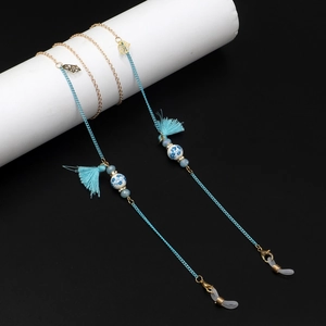 Bohemian blue ceramic bead eyewear chain with Hamsa pendant and silk tassels