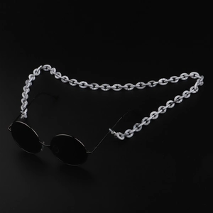 Detail of marble pattern acrylic eyewear chain with round black lens metal sunglasses