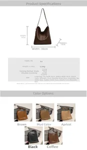 Detailed size chart for winter minimalist large PU tote bag with dimensions and five colors