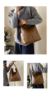 Three views of a brown retro PU leather large capacity hobo bag with adjustable strap