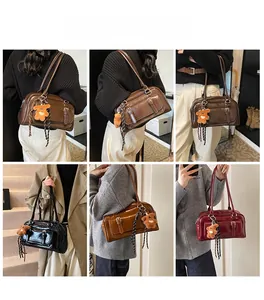 Collage of chic women's Boston bag shown in various lifestyle poses with cute bear charm
