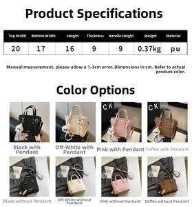 Detailed size chart and multi-color options for minimalist PU leather bucket handbag