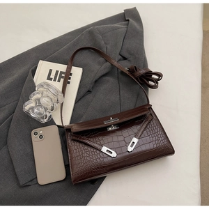 Detailed shot of dark brown crocodile embossed texture and silver metal clasp on the bag