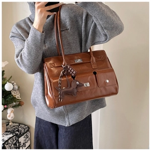 Brown vintage faux leather shoulder bag with functional multi-pockets and cute dog charm