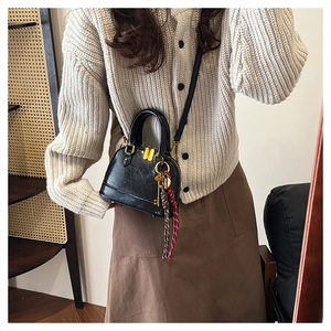 Detail of a vintage black shell crossbody bag with a tassel and a gold zipper