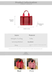 Detailed size specifications for canvas tote bag with traditional red Xi embroidery pattern