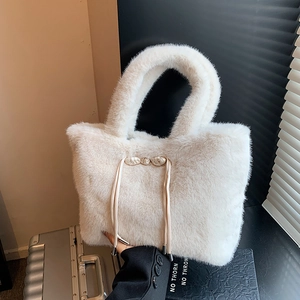 Sac Fourre-tout En Fausse Fourrure En Peluche Grande Capacité Sac À Main Avec Décoration Noeud Coulissant Pour Femmes