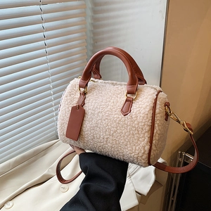Borsa Boston In Peluche Da Donna Borsa A Mano In Lana D'Agnello Sintetica Tracolla Retrò Con Manico In Pelle PU Inverno
