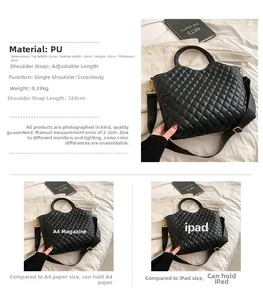 Detailed size comparison of black quilted tote bag with A4 paper and iPad dimensions
