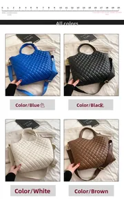 Detailed view of quilted tote bags available in blue, black, white, and brown colors