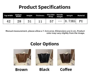 Tabella taglie dettagliata e dimensioni della borsa tote grande in PU in tre diversi colori