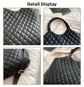 Macro detail of black quilted tote bag showing gold hardware and stitching quality