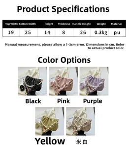 Detailed size specifications and color options for the pleated pearl cloud crossbody bag