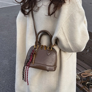 Retro dark brown pleated PU leather shell bag with silk scarf and key pendant accessory
