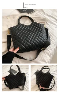 Detailed views of a black quilted tote bag with golden hardware and adjustable strap