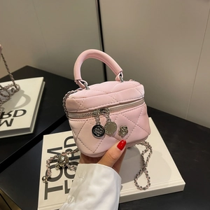 Women Quilted Diamond Lattice Mini Vanity Bag PU Leather Chain Strap Crossbody With Camellia Flower Charm Fashion