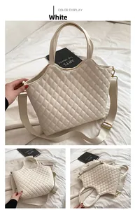 Multiple views of large white quilted tote bag with adjustable wide beige shoulder strap