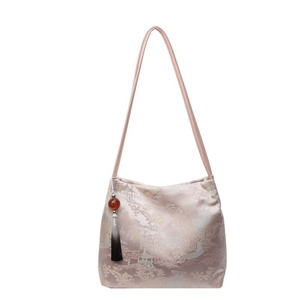 Borsa a secchiello rosa jacquard stile cinese con ricamo paesaggio e nappe