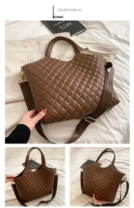 Detail of brown quilted tote bag showing rhombus stitching and adjustable strap