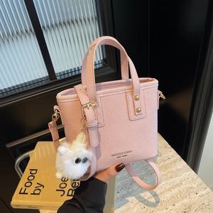 Women Bucket Bag PU Leather Felt Retro Minimalist Top Handle Shoulder Crossbody With Plush Monster Charm Casual Korean